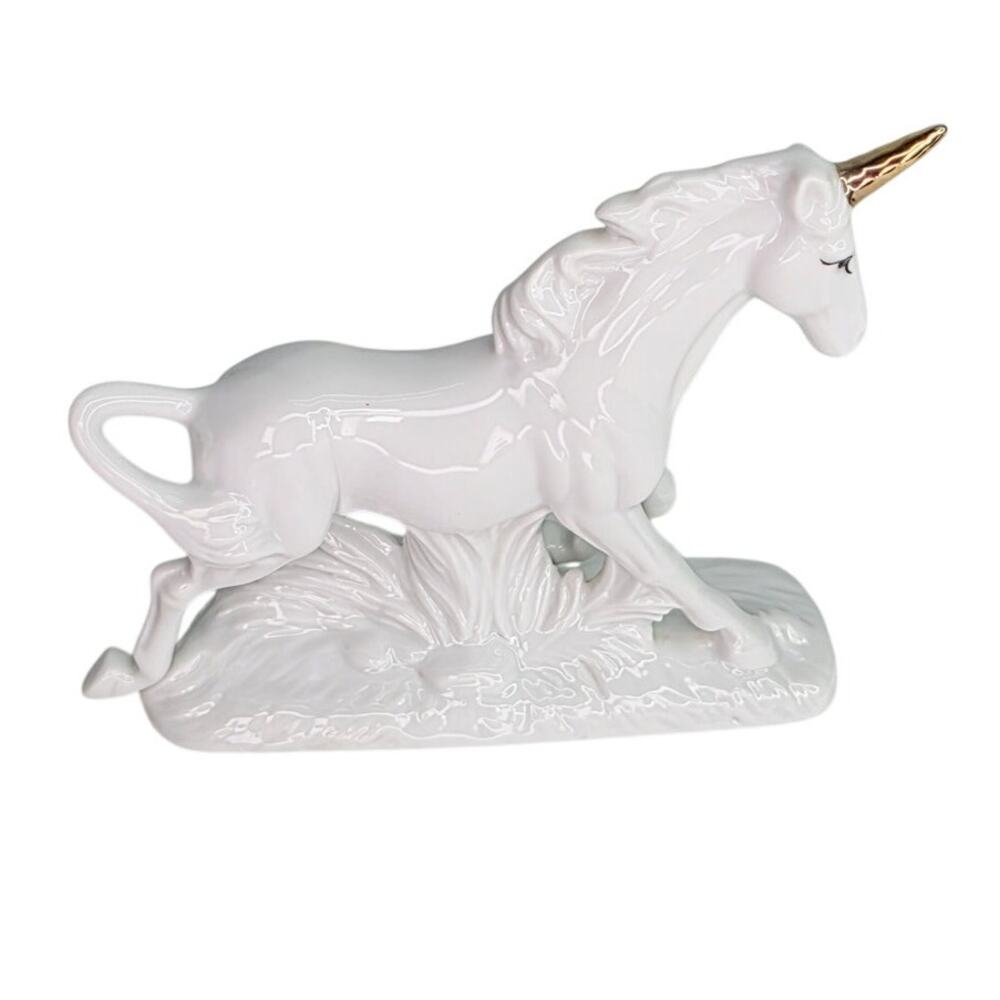 Vintage White Unicorn Figurine Gold Horn Ceramic Taiwan Fantasy Decor Whimsical